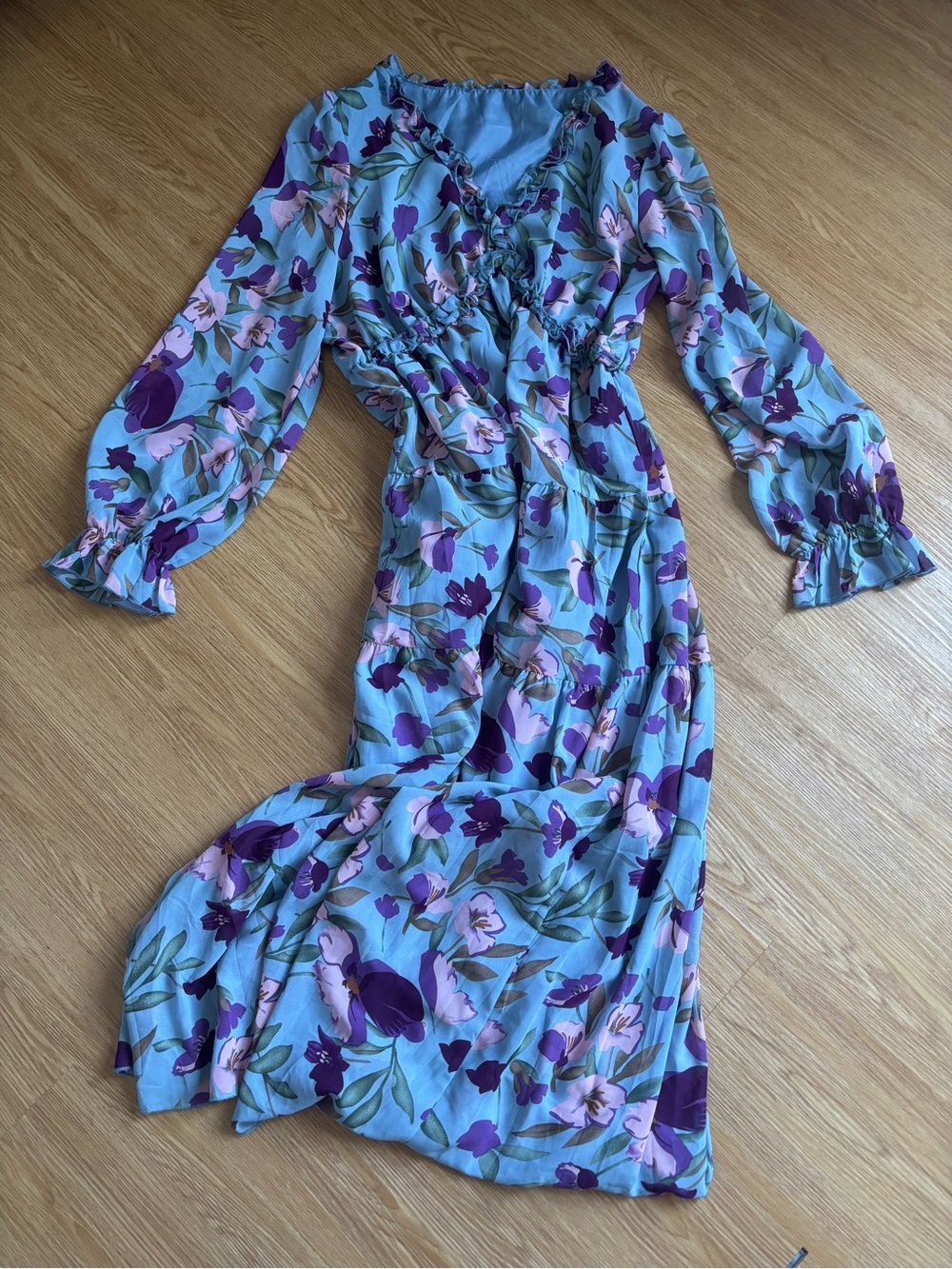 Blue Floral Long Sleeve Maxi Dress